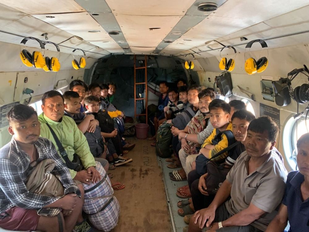 People airlifted from Phaisenjang, near the Indo-Myanmar border in Chandel district, Manipur onboard an Indian Air Force MI-17 helicopter on May 15.  (Photo: PRO Defence Handout)